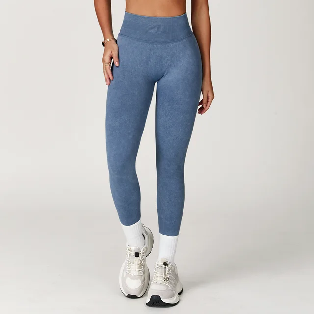 Seamless Stone Washed Yoga Pants High Waist Hip Lift Tight Trousers Denim Blue - Shop at LoveMi