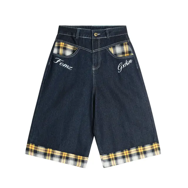 American Retro Plaid Large Pocket Stitching Cargo Shorts Blue - Shop at LoveMi