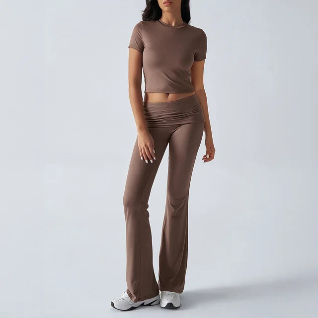 Casual Solid Color Slim Fit Short Sleeve Trousers Suit Brown - Shop at LoveMi