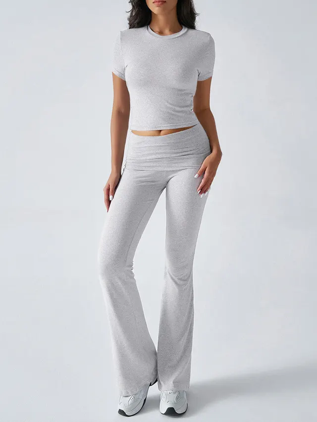 Casual Solid Color Slim Fit Short Sleeve Trousers Suit Gray - Shop at LoveMi