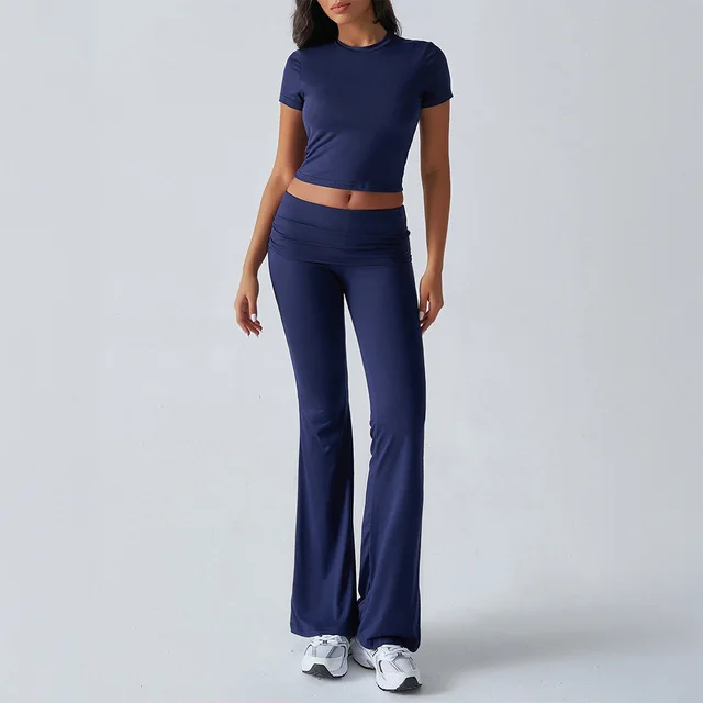 Casual Solid Color Slim Fit Short Sleeve Trousers Suit Navy Blue - Shop at LoveMi