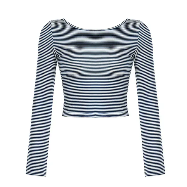 Oblique Shoulder Stripes Lightweight Slim fit Long Sleeve Casual Top 21105 Dark Blue - Shop at LoveMi