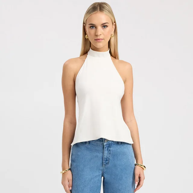 Women's Pure Color Halter Backless One piece Top White - Shop at LoveMi