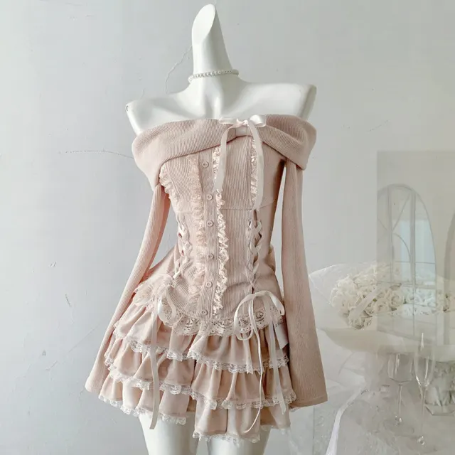 Skirt Pure Desire Style Sweet Bow Off shoulder Long Sleeve Top Cake Short Skirt Girl Two piece Set Suit - Shop at LoveMi