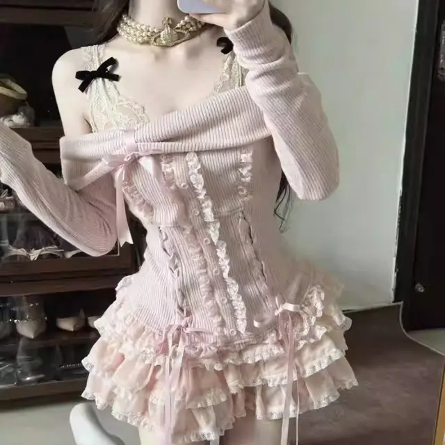 Skirt Pure Desire Style Sweet Bow Off shoulder Long Sleeve Top Cake Short Skirt Girl Two piece Set Top - Shop at LoveMi