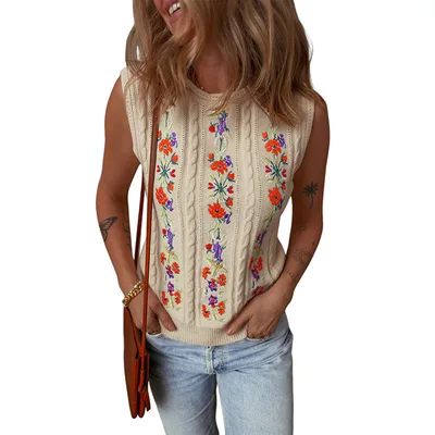 Fashion Floral Embroidered Knitted Vest For Women New Niche Retro Outerwear Sleeveless Top For Women Apricot - Shop at LoveMi