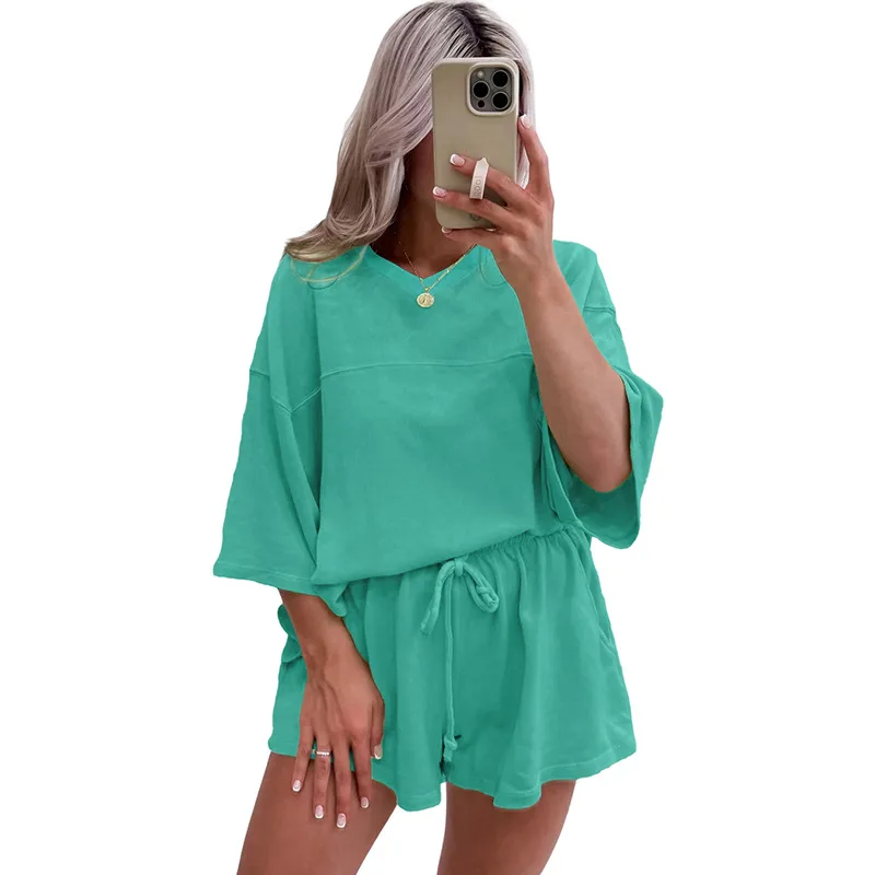 Spring And Summer New Solid Colour Short Sleeve Two-piece Set - Cyan