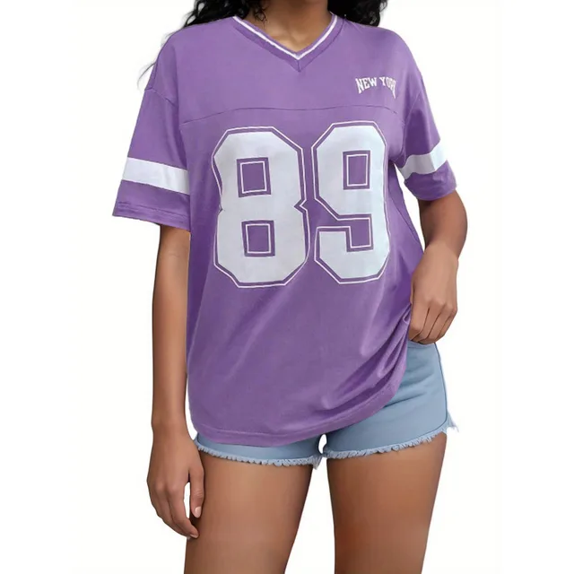 Versatile Casual Loose Letter Flower Short Sleeve Shirt Women's Clothing Purple - Shop at LoveMi