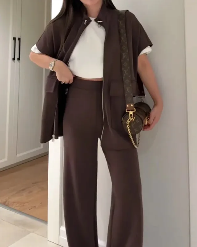 Women's Autumn Summer Solid Color Casual Loose Outfit Brown - Shop at LoveMi
