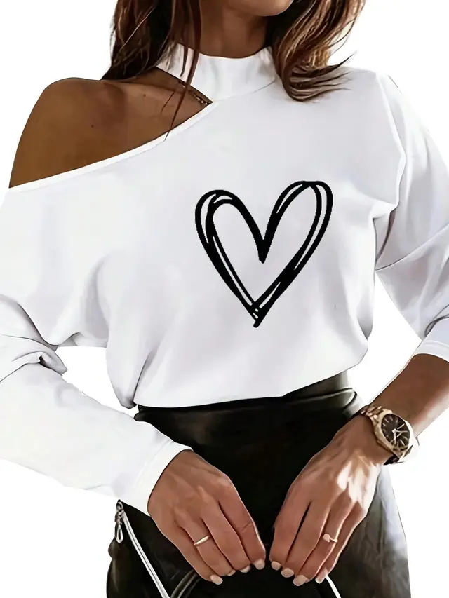 Heart Printing T shirt Off the shoulder Top For Women White - Shop at LoveMi
