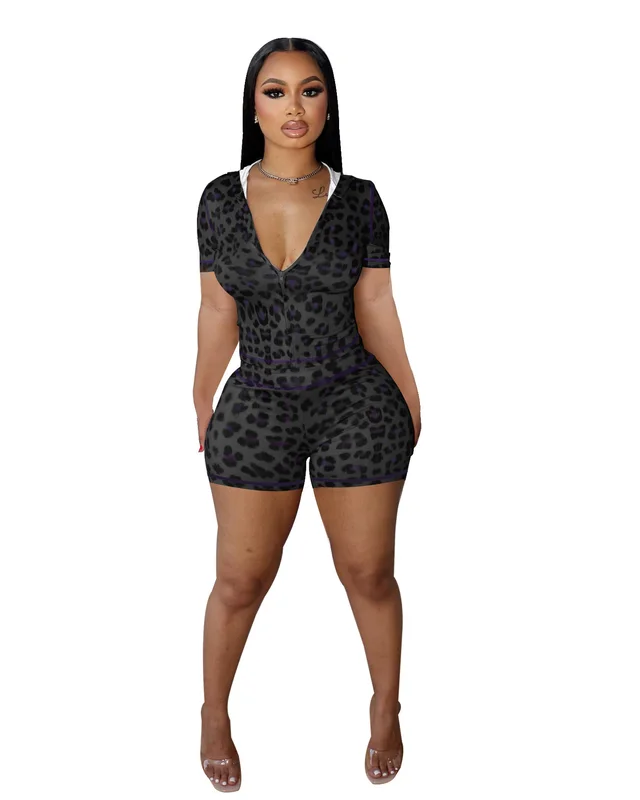D10125 Spring And Summer Leopard Zipper Hooded Printed Two piece Suit Black - Shop at LoveMi