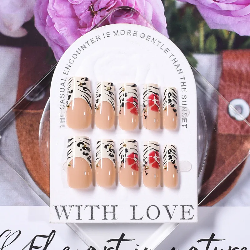 Steel Ball Flower Leopard Print Medium Water Pipe Nail Tip - Leopard Print French Style - View 1