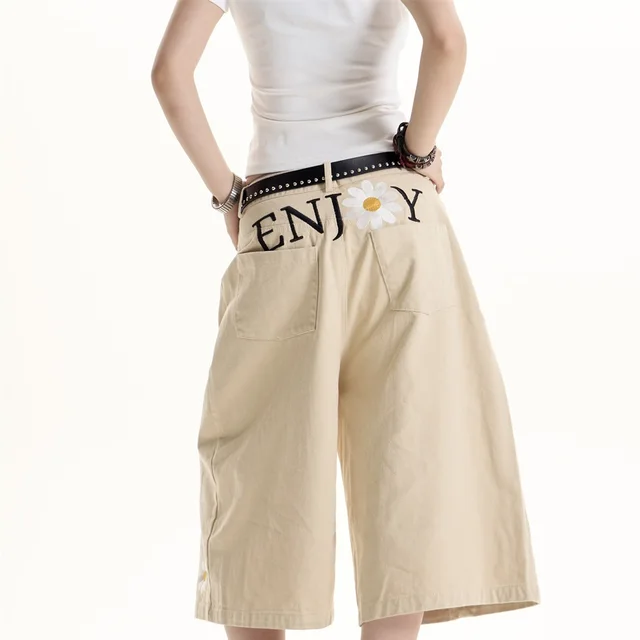 American Embroidered Casual Shorts Khaki - Shop at LoveMi