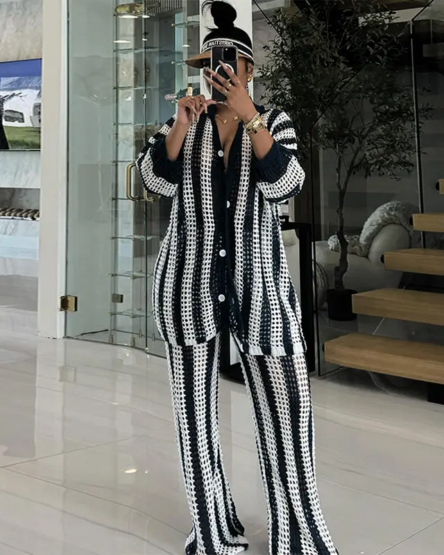 Knitted Sweater Fashion Sexy Cutout Wide Leg Knitted Two piece Sweater Black And White - Shop at LoveMi