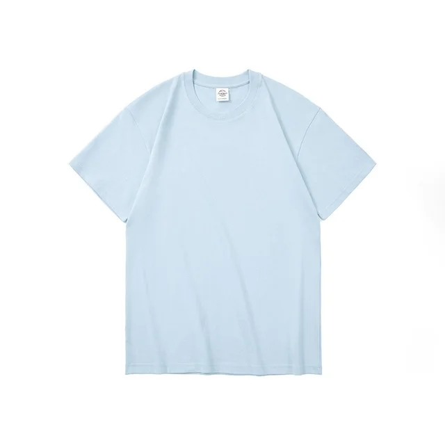 Cotton 230g Heavy Weight Solid Color Round Neck Short Sleeves Loose Casual Light Blue - Shop at LoveMi