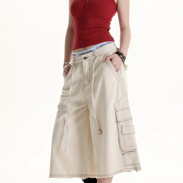 Retro Style Multi pocket Cargo Pants Beige - Shop at LoveMi