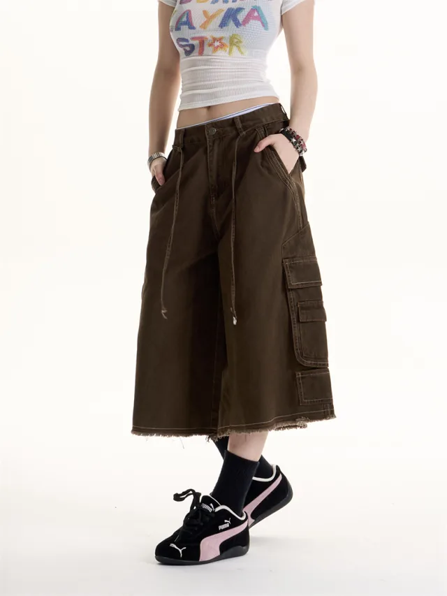 Retro Hot Girl Style Multi pocket Cargo Pants Brown - Shop at LoveMi