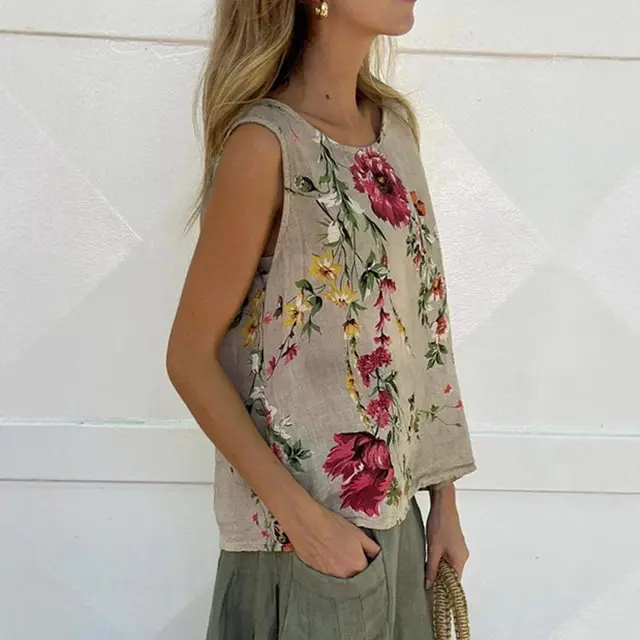 Round Neck Vest Casual Floral Cotton Linen Gray - Shop at LoveMi