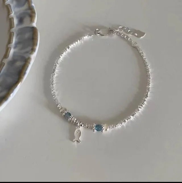 Summer Blue Beaded Silver Fish Bracelet Small Fish Broken Silver - Shop at LoveMi