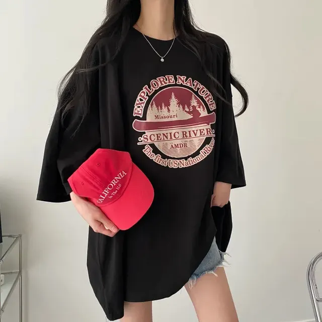 T shirt Women's Summer Loose Round Neck College Style 20102 Black - Shop at LoveMi