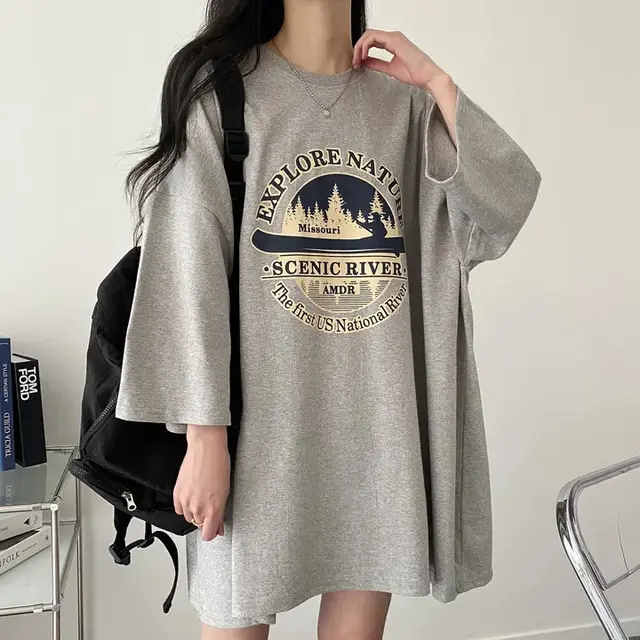 T shirt Women's Summer Loose Round Neck College Style 20102 Dark Gray - Shop at LoveMi
