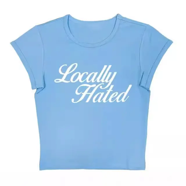 Women's Letter Printed Slim Fit Slimming Top T shirt Sky Blue - Shop at LoveMi