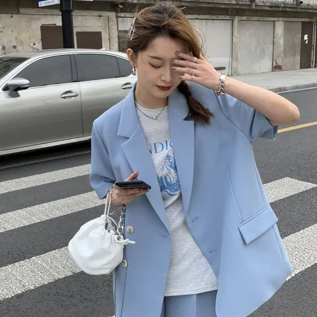 Casual Loose Short Sleeves Suit Jacket Female Suit Shorts Two piece Suit Blue Suit - Shop at LoveMi