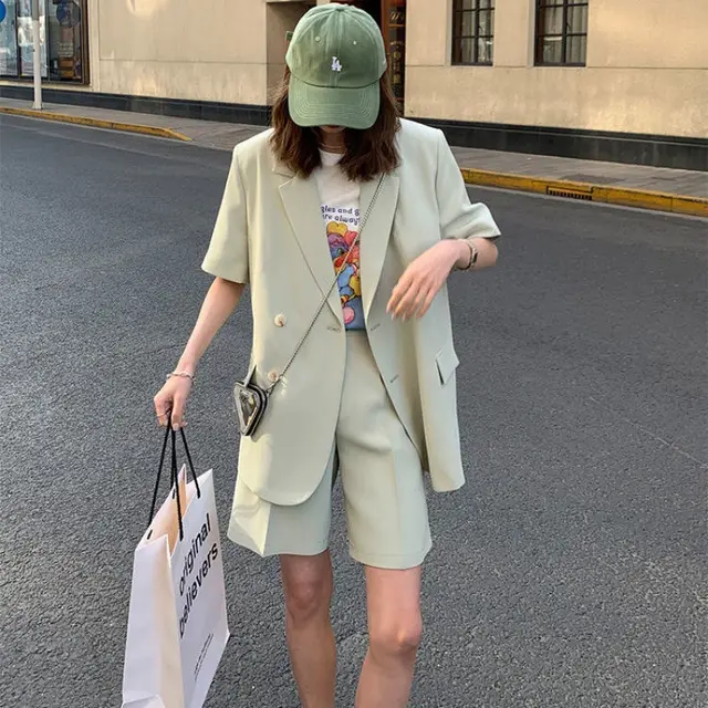 Casual Loose Short Sleeves Suit Jacket Female Suit Shorts Two piece Suit Cantaloupe Color Suit - Shop at LoveMi