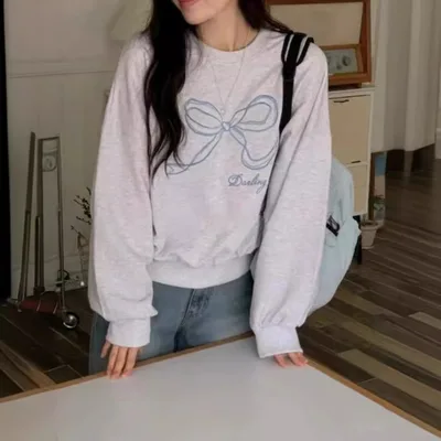 Women's Embroidered Bow Pullover Sweater Light Gray - Shop at LoveMi