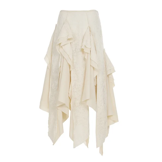 Desert Wind Wandering Stitching Lace Irregular Skirt Fashion Low Waist Large Swing Dress Beige - Shop at LoveMi