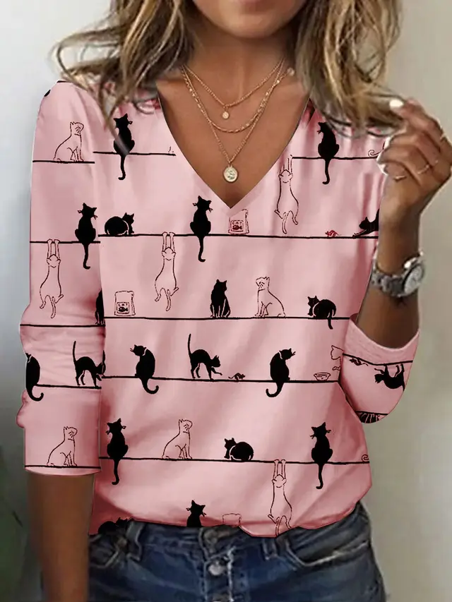 Fall Winter Fashion Printing Long sleeve T shirt Sexy Temperament Collar Top Slim Women's Clothing Animal And Plant Printing G61Z316 - Shop at LoveMi