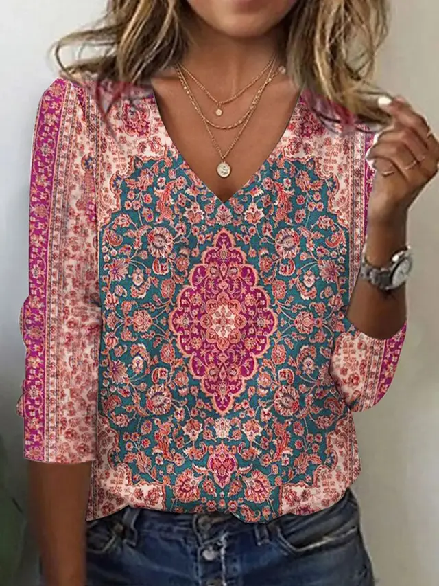 Fall Winter Fashion Printing Long sleeve T shirt Sexy Temperament Collar Top Slim Women's Clothing Animal And Plant Printing G61Z323 - Shop at LoveMi