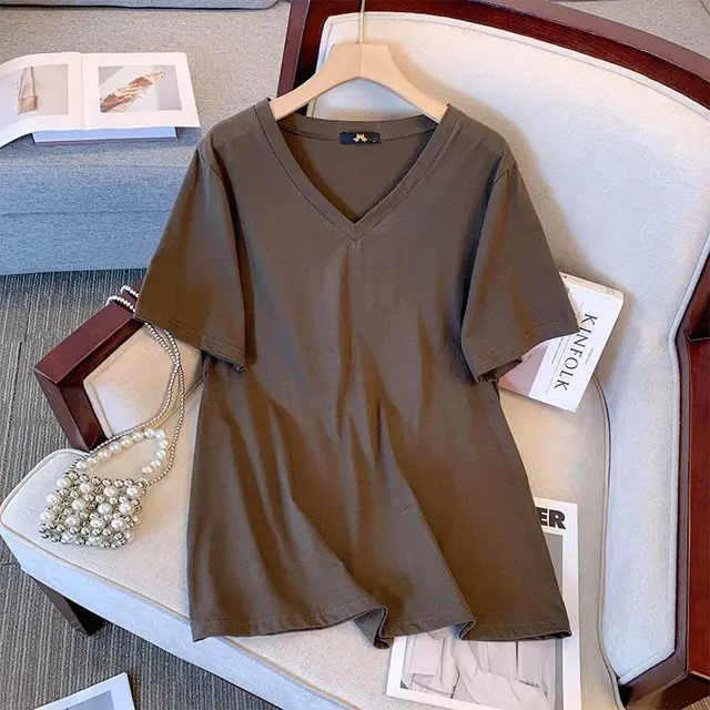 Summer Pure Cotton Short Sleeve T shirt Top V neck Loose Army Green - Shop at LoveMi