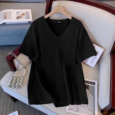 Summer Pure Cotton Short Sleeve T shirt Top V neck Loose Black - Shop at LoveMi