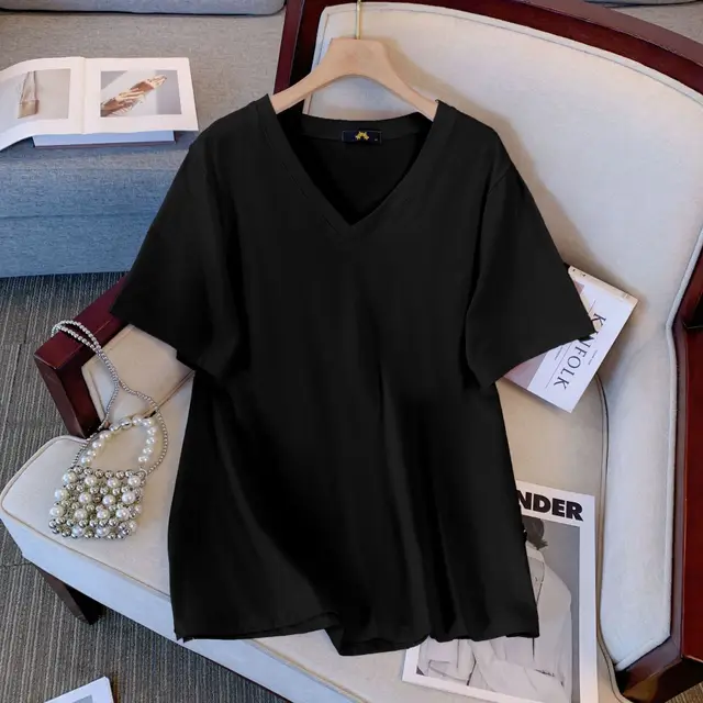 Summer Pure Cotton Short Sleeve T shirt Top V neck Loose Black - Shop at LoveMi