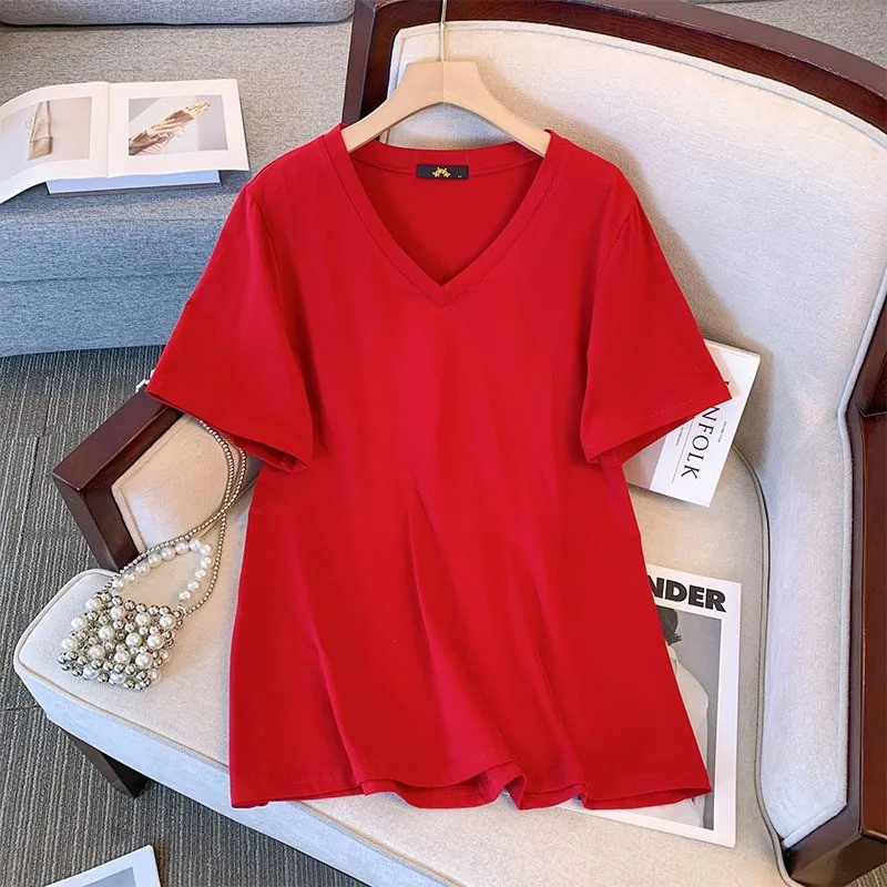 Summer Pure Cotton Short Sleeve T shirt Top V neck Loose Deep Red - Shop at LoveMi