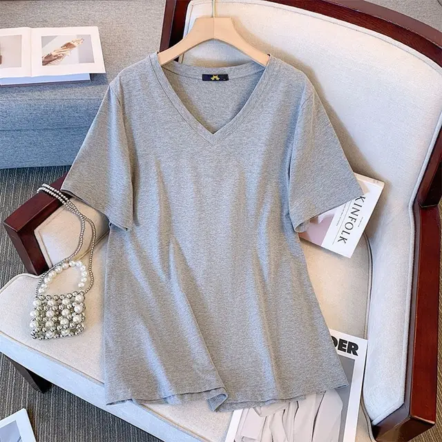 Summer Pure Cotton Short Sleeve T shirt Top V neck Loose Gray - Shop at LoveMi