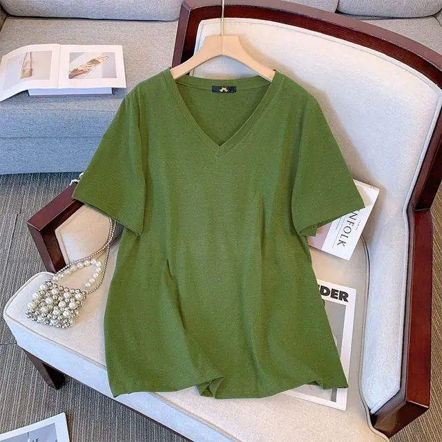 Summer Pure Cotton Short Sleeve T shirt Top V neck Loose Green - Shop at LoveMi
