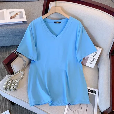Summer Pure Cotton Short Sleeve T shirt Top V neck Loose Light Blue - Shop at LoveMi