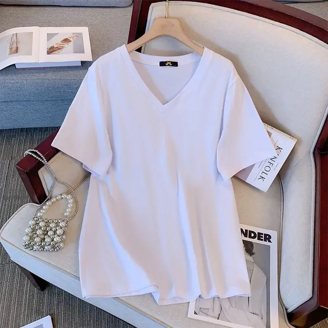 Summer Pure Cotton Short Sleeve T shirt Top V neck Loose White - Shop at LoveMi