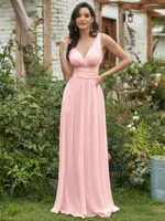 Deep V-neck Bridesmaid Plus Size High Waist Evening Dress - Lotus Root Color-Us12 - View 1