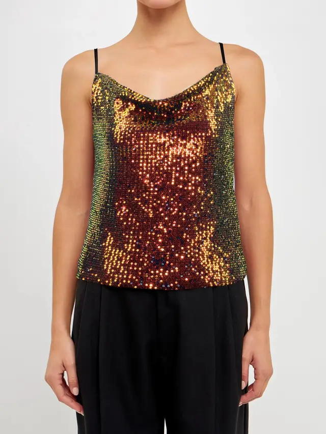 Fashion Women's Sequins Glitter Camisole Top Blue Gold On Black Background - Shop at LoveMi