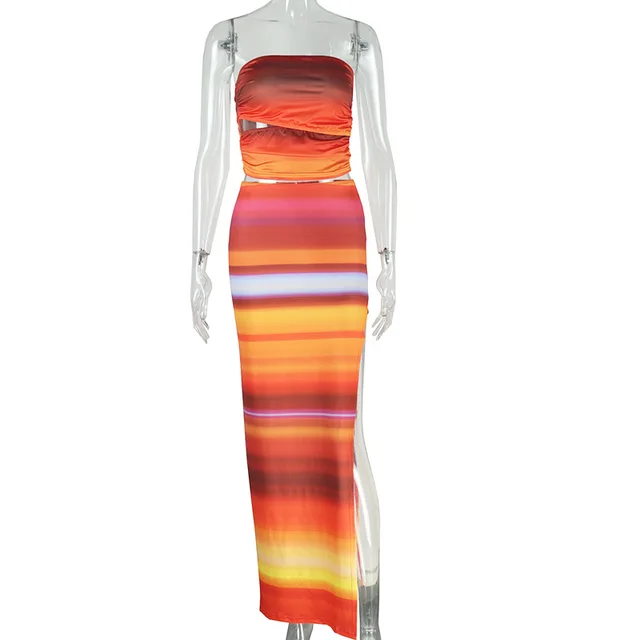 Gradient Printing Sleeveless Sexy Bandeau Slim fit Hip Skirt Suit Orange Color - Shop at LoveMi
