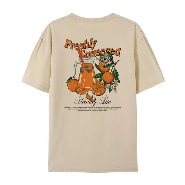 Orange Fruit T Shirts Back Print Loose Botanical T Shirt Wom Khaki - Shop at LoveMi
