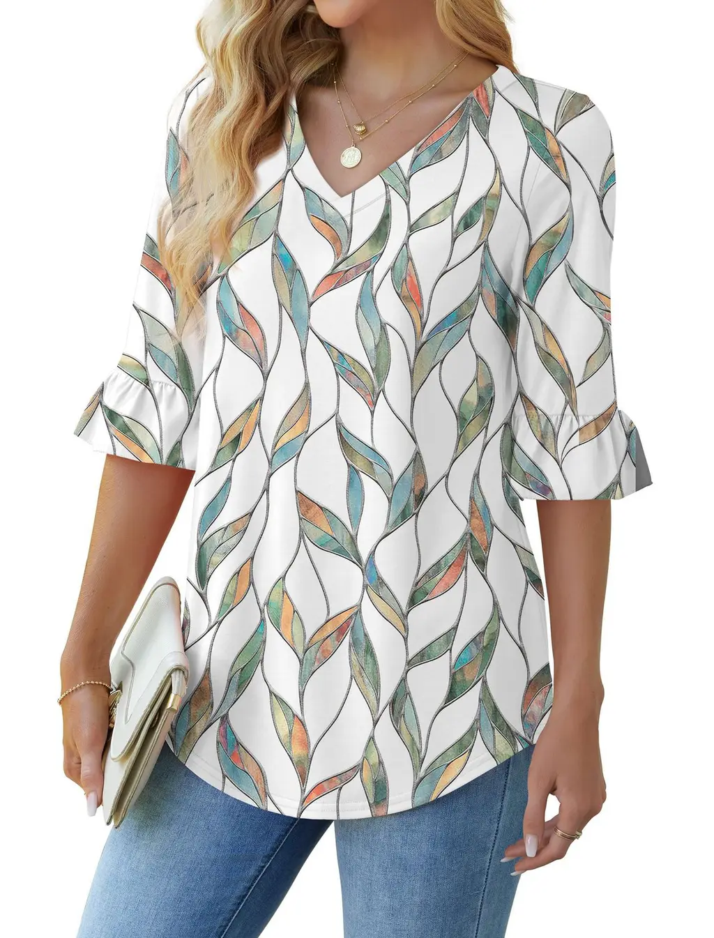 Printed Shirt V-neck Floral Flared Half Sleeve Top - Lx11