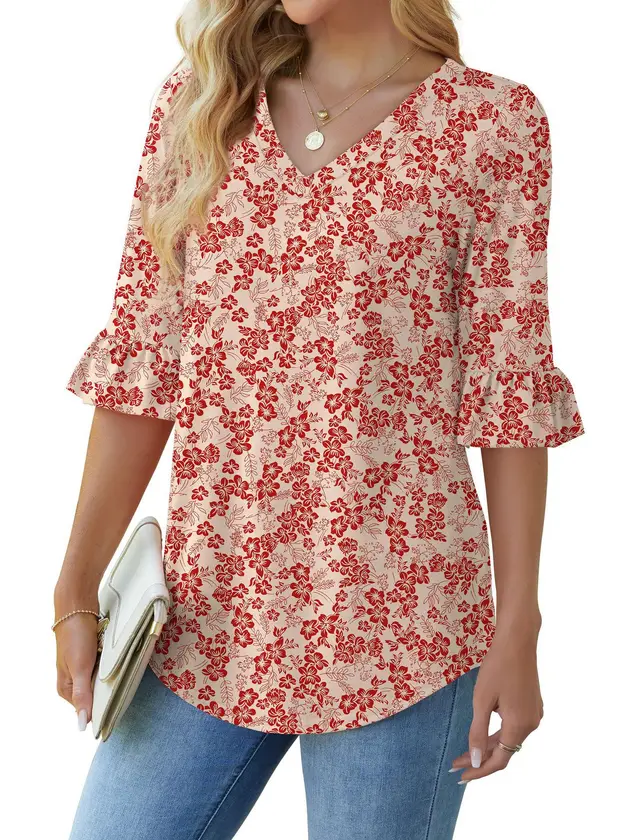 Printed Shirt V neck Floral Flared Half Sleeve Top Lx12 - Shop at LoveMi