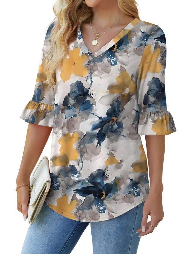Printed Shirt V neck Floral Flared Half Sleeve Top Lx13 - Shop at LoveMi