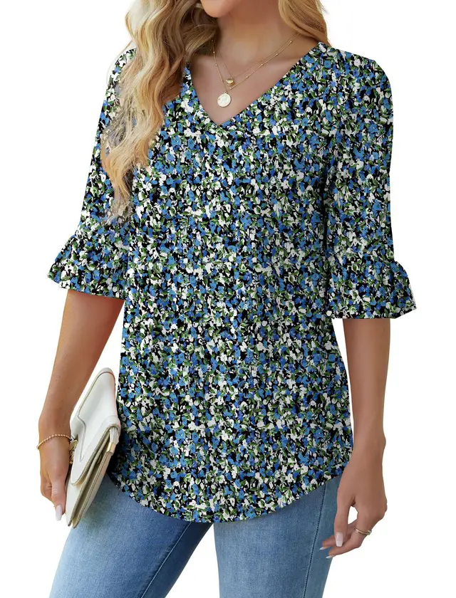 Printed Shirt V neck Floral Flared Half Sleeve Top Lx14 - Shop at LoveMi