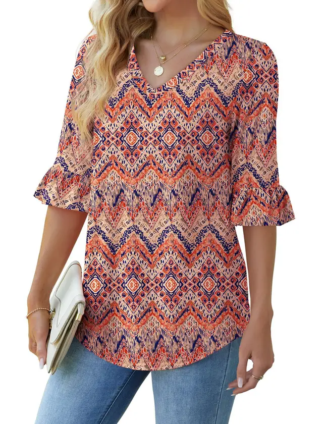 Printed Shirt V neck Floral Flared Half Sleeve Top Lx15 - Shop at LoveMi