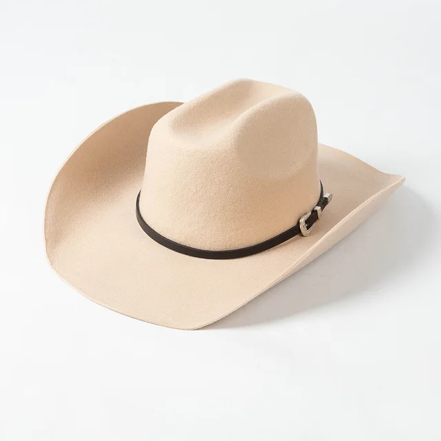 Belt Buckle Wide Brim Curling Wool Cowboy Hat Beige - Shop at LoveMi